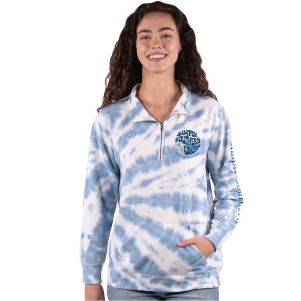 NWT SIMPLY SOUTHERN DAISY BLUE & WHITE TIE DYE PULLOVER LONG SLEEVE JACKET